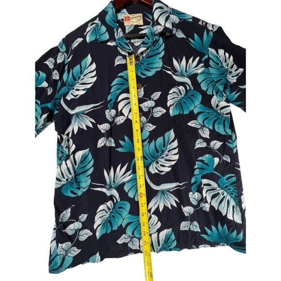 Vintage Hilo Hattie Hawaiian Black Teal Blue Floral Button-Up Shirt Mens Large - Picture 11 of 11